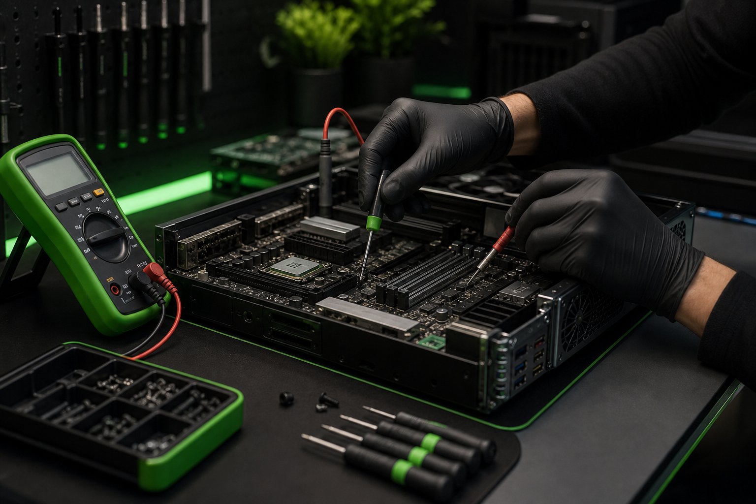 Bancada de assistência técnica com diagnóstico de computador