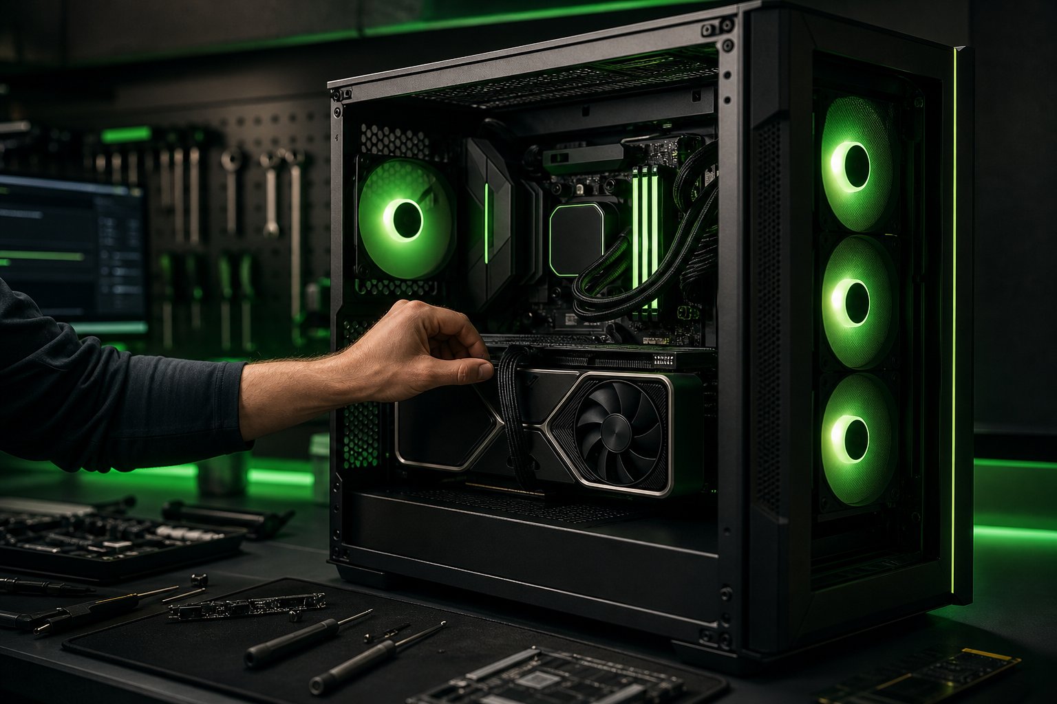 PC gamer com iluminação verde e componentes de alto desempenho